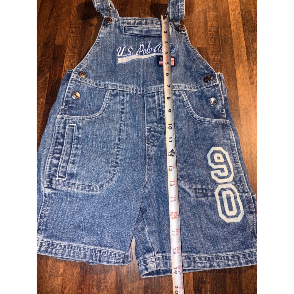 US Polo Assn Kids Denim Shortalls Blue Overalls 4T USA Flag 90 Graphic Vintage - Picture 2 of 7